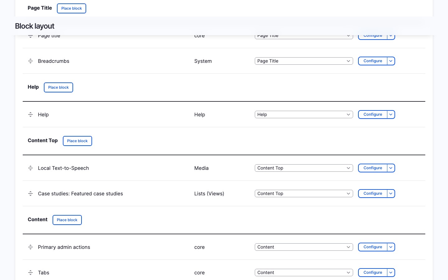 Block layout showing TTS block in Content Top region