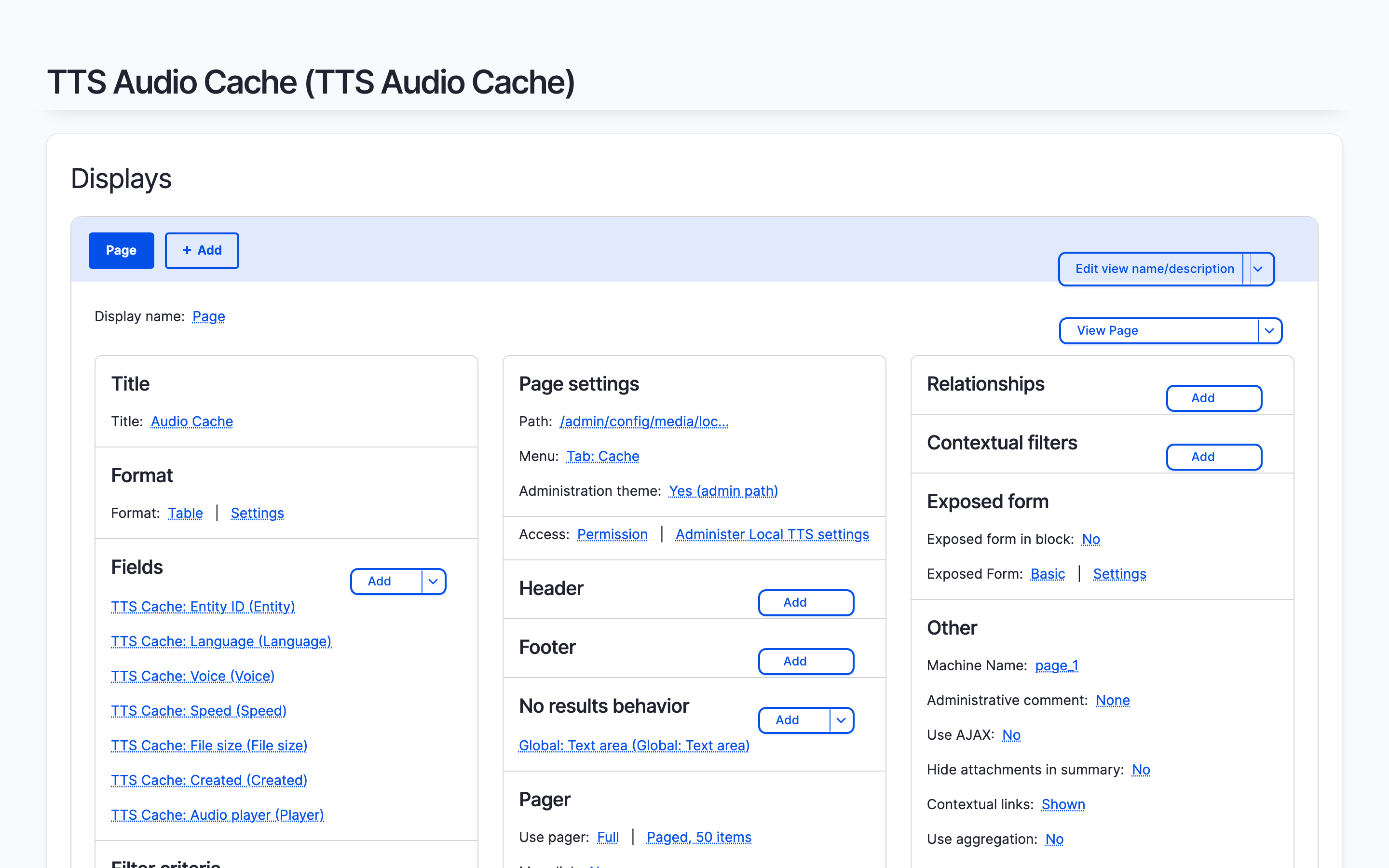 Views admin showing TTS Audio Cache fields
